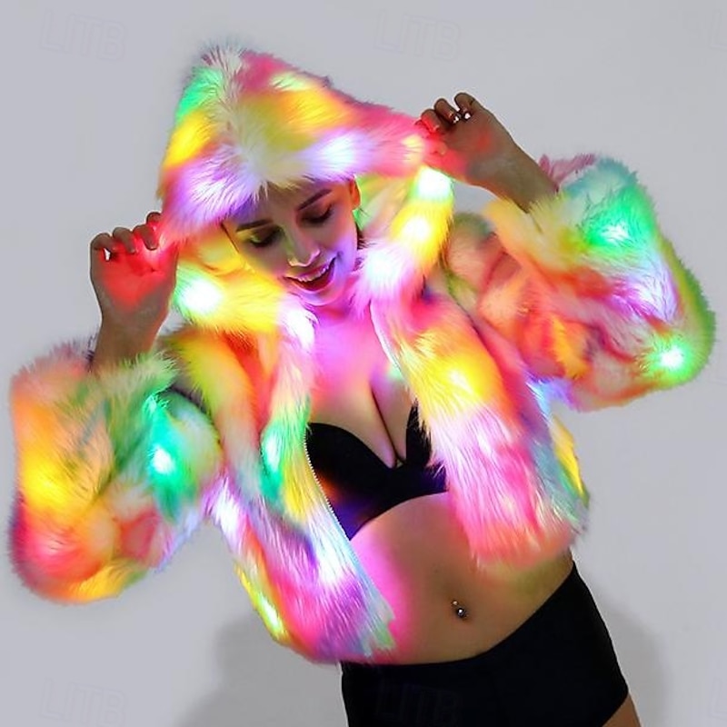 Christmas Light Up Jacket Light Up Rave Stage Xmas Birthday Party Faux Fur Coats Costume Fancy Dress for Women Novelty Funny Adults Party Coat