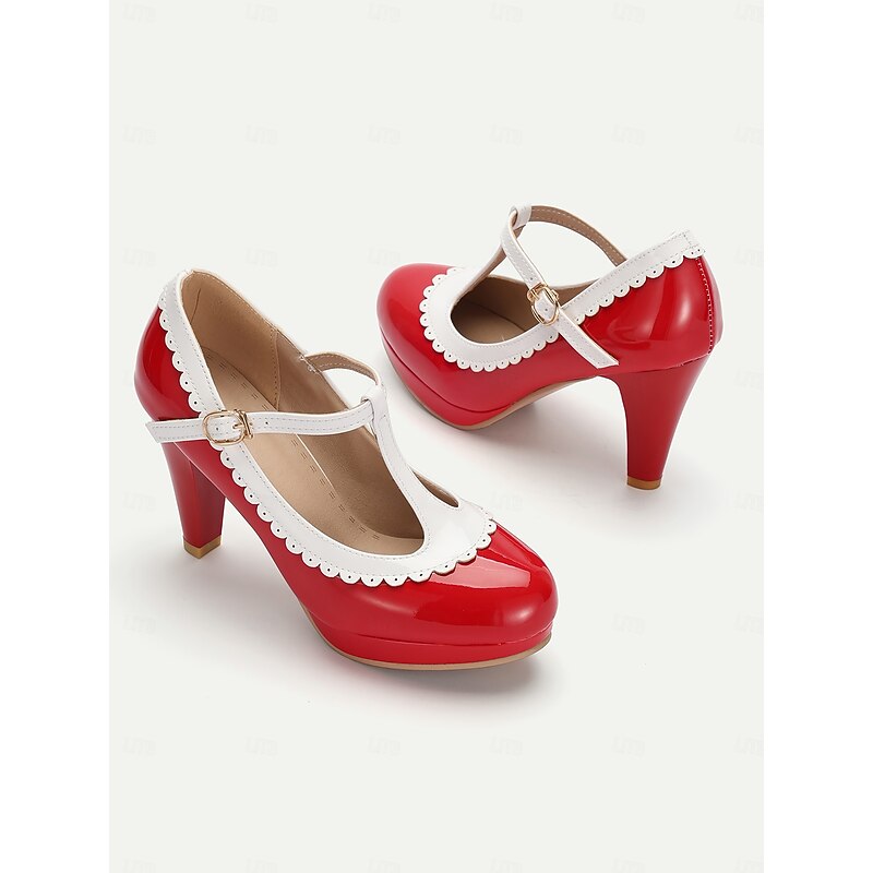 Vintage Red Patent Leather Mary Jane Heels with White Scallop Trim – Women's T-Strap Shoes for Cosplay, Retro Parties, and Special Occasions2