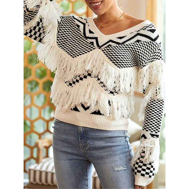 Women's Sweater Casual Soft Pure Color Ribbed V Neck Patchwork Tassel Knitted Long Sleeve Regular Tops Knit Outdoor Daily Weekend Apricot Fall Winter3