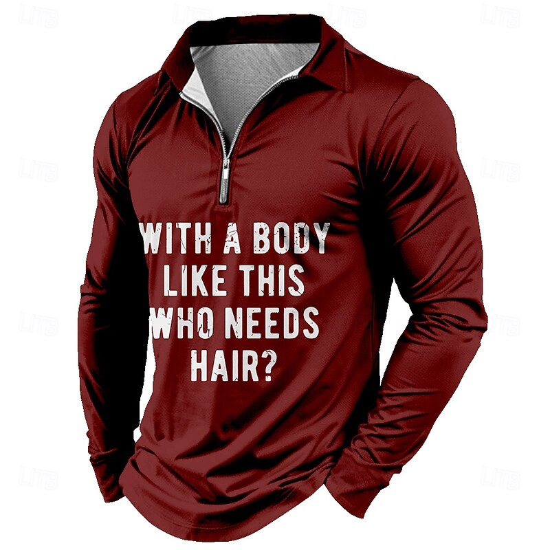 Men's Letter Printed Zip Polo Shirts Golf Shirt Long Sleeve Polo Shirts Collared Shirts Vintage Casual Outdoor Street Dailywear 3D Print Quarter Zip Polo Spring Fall & Winter Black Red Green2