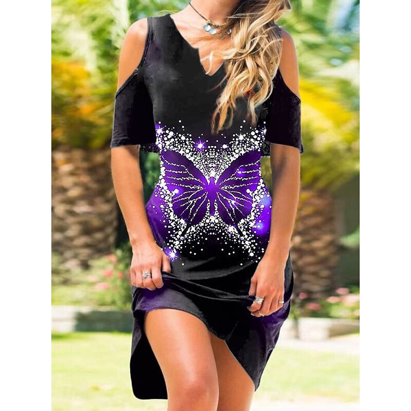 Women's T Shirt Dress Print Dress Butterfly Patchwork V Neck Cold Shoulder Midi Dress Vintage Streetwear Daily Going out Short Sleeve Regular Fit Black White Purple Summer S M L XL XXL