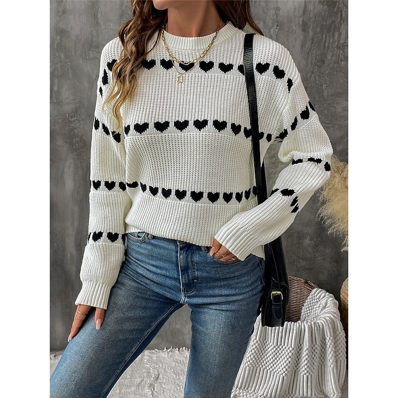 Women's Sweater Casual Soft Heart Ribbed Crew Neck Knitted Long Sleeve Regular Tops Knit Outdoor Daily Weekend White Fall Winter3