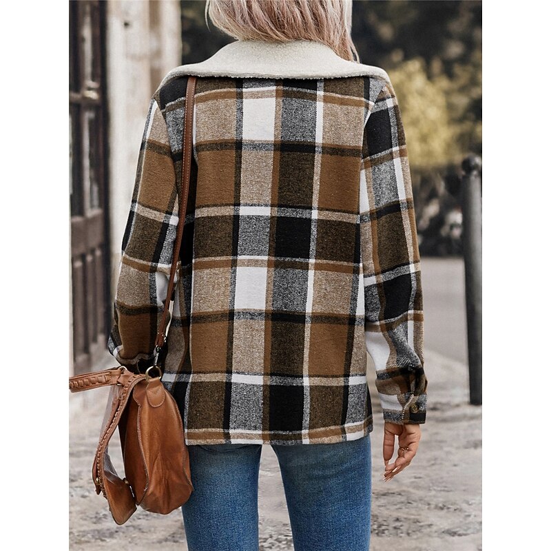Women's Winter Coat Outdoor Street Daily Wear Fall Winter Regular Coat Regular Fit Thermal Warm Breathable Stylish Casual Jacket Long Sleeve Stripes and Plaid with Pockets Fur Collar Khaki2