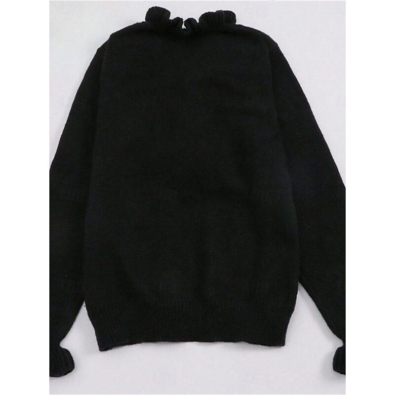 Women's Sweater Casual Soft Pure Color Ribbed V Neck Ruffle Buttons Knitted Long Sleeve Regular Tops Knit Outdoor Daily Weekend Black White Fall Winter4