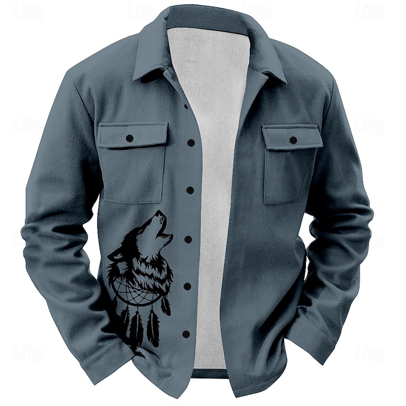 Men's Western Wolf Shirt Shirt Jacket Overshirt Long Sleeve Vintage Casual Daily Spring Fall Winter Collar Buttons Collared Shirts Blue Brown Green Beige Gray3