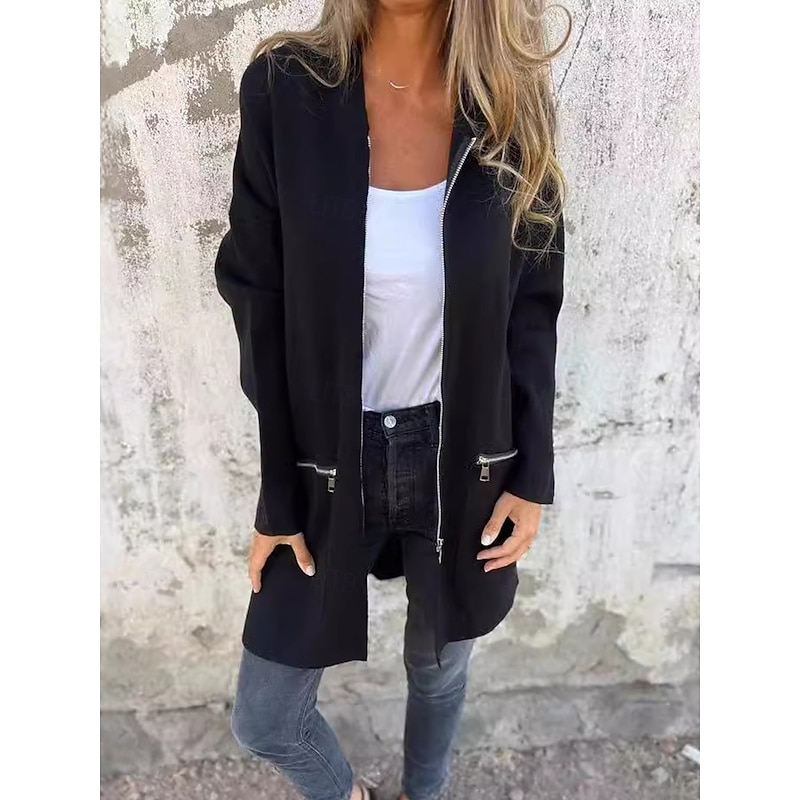 Women's Winter Jacket Warm Breathable Buttons Pocket Casual Solid Color Vacation Street Daily Wear Going out Single Breasted Regular Turndown Regular Fit Long Sleeve Outerwear Black Khaki Gray Fall2
