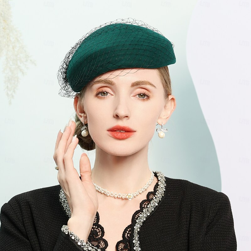 Hats 100% Wool Beret Hat Bowler / Cloche Hat Wedding Tea Party Elegant Wedding With Pure Color Tulle Headpiece Headwear2