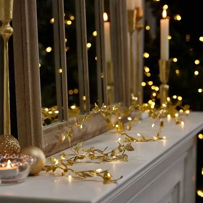 Elegant Wedding Reception Party Golden Leaf Garland String Lights 2m 20LED 5m 50LED Battery Operated Fairy Lights for Christmas Home Valentine's Day Birthday Wedding Holiday Party Decoration4