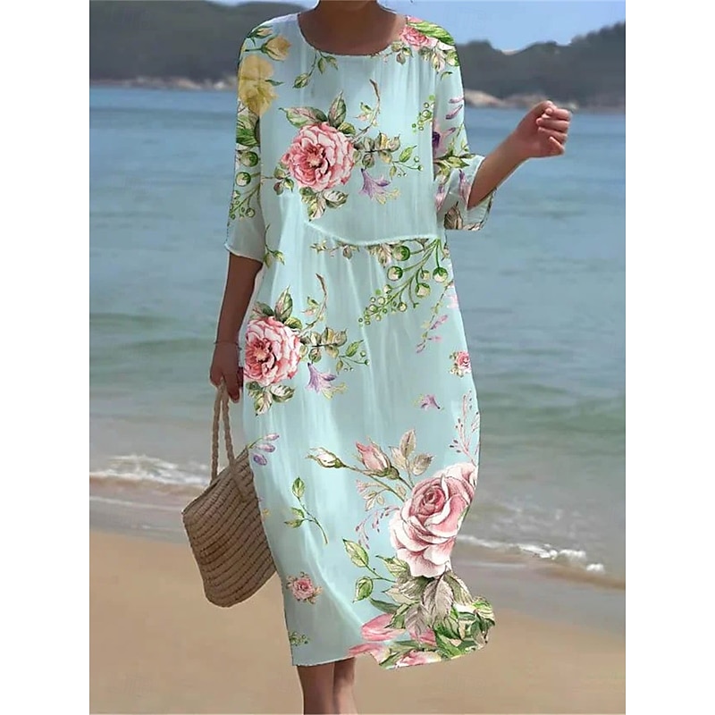 Women's Midi Dress Cotton Linen Dresses Casual Dress Casual Daily Regular Fit Floral 3/4 Length Sleeve Crew Neck White Orange Green Summer Spring
