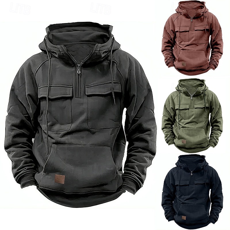 Men's Hoodie Quarter Zip Hoodie Tactical Hoodie Tactical Wine Red Black Wine Army Green Navy Blue Hooded Plain Tactical Sports & Outdoor Daily Cotton Polyester Streetwear Cool Casual Spring &  Fall