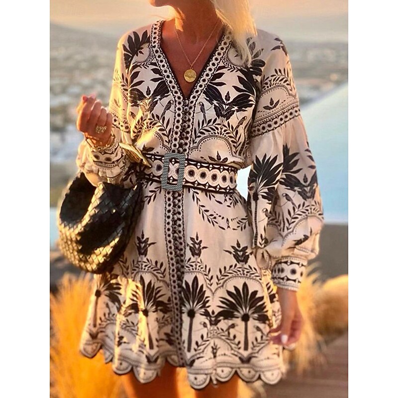 Women's Floral Graphic V Neck Midi Dress Long Sleeve Spring Fall3