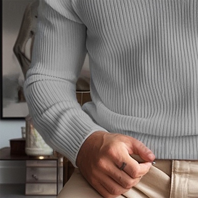 Men's Sweater Zip Sweater Quarter Zip Sweaters Ribbed Chunky Knit Classic Half Zip Solid Color Stand Collar Elegant Vintage Formal Home Clothing Apparel Bishop Sleeve Fall Winter Black Khaki M L XL3