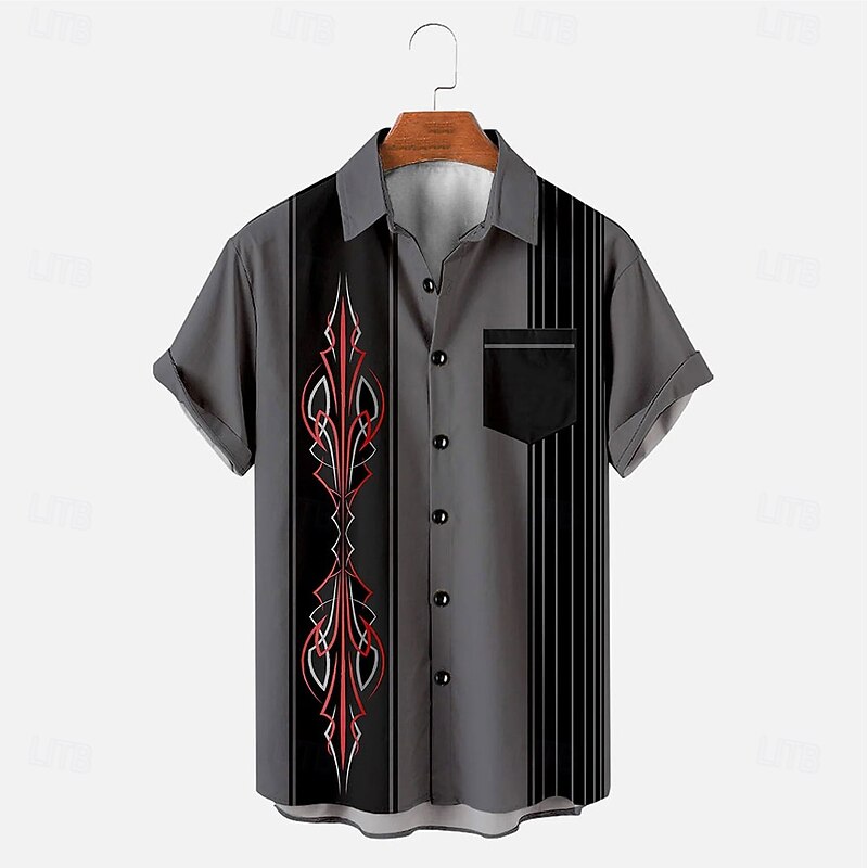 Men's Striped Curve Pinstripe Bowling Shirt Button Up Shirt Short Sleeve Vintage Fashion Casual Outdoor Vacation Daily Summer Turndown Button Up 3D Print Black - Main Image