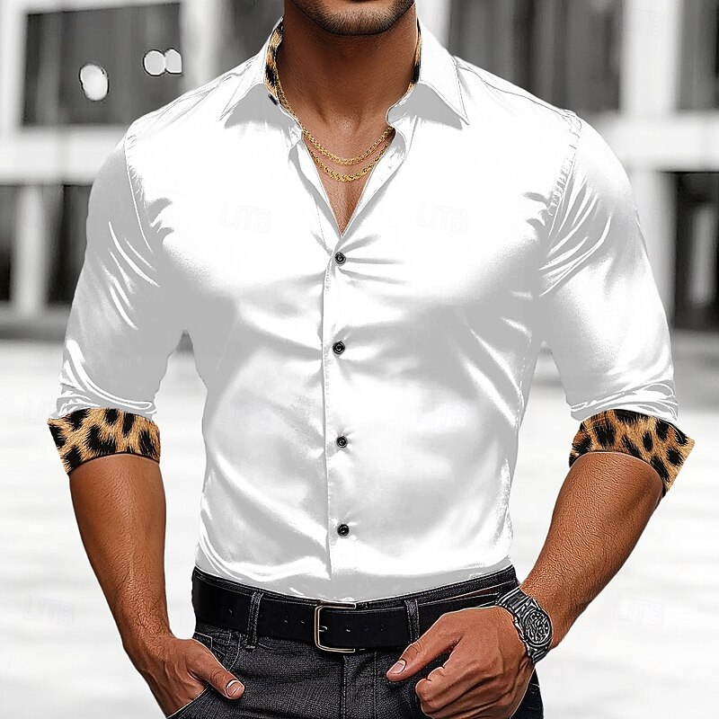 Men's Shirt Satin Shirt Casual Shirt Button Up Shirt Leopard Wedding Vacation Black White Wine Green Long Sleeve Lapel Spring &  Fall Clothing Apparel Patchwork4