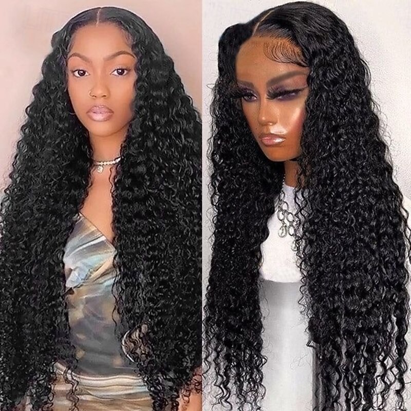 Remy Human Hair 13x4 Lace Front Wig Free Part Brazilian Hair Curly Deep Wave Black Wig 150% Density with Baby Hair Glueless Pre-Plucked For wigs for black women Long Human Hair Lace Wig3