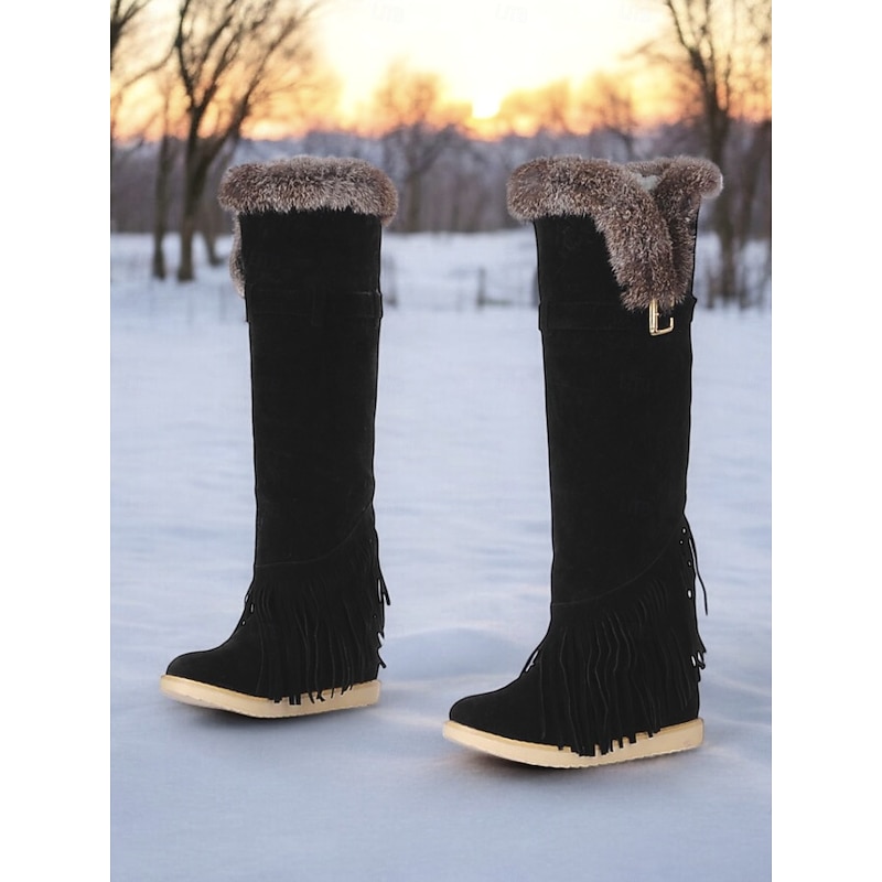 Women's Green Suede Moccasin Winter Boots with Fur Lining and Fringe Detail – Cozy Knee-High Snow Boots for Cold Weather 18