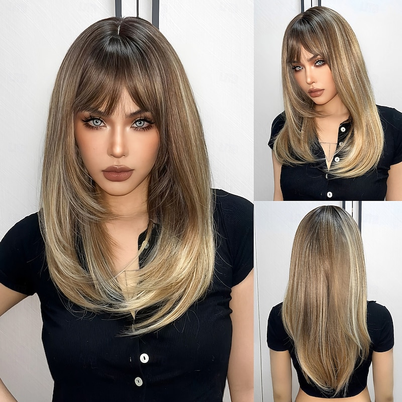 24 Inch Synthetic Wig Women's Wig  Dark Brown Long Wavy Curly Hair With Bangs  Fashion Elegant Daily  Natural