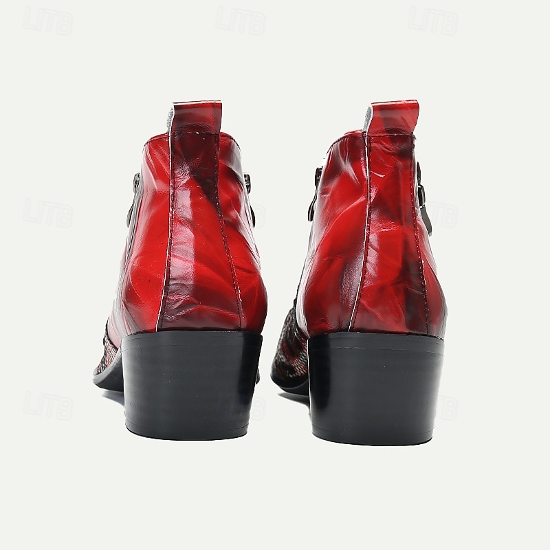 Men's Red Snake Pattern Ankle Boots with Zipper and Metal Toe – Premium Cowhide Leather Fashion Boots for Bold Style 8
