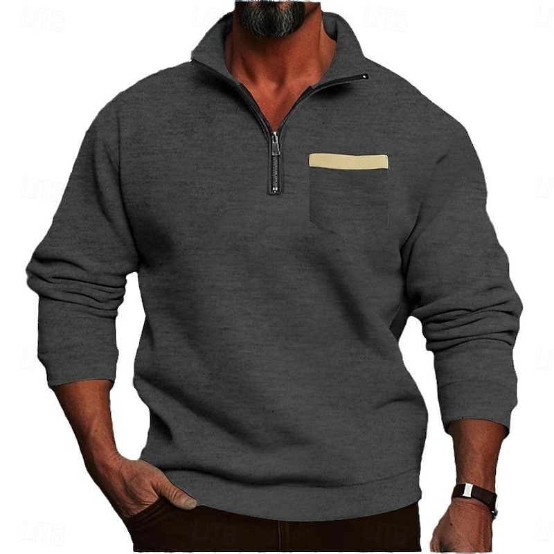 Men's Sweatshirt Fleece Sweatshirt Quarter Zip Sweatshirt Black Navy Blue Gray Standing Collar Color Block Pocket Sports & Outdoor Casual Daily Streetwear Athletic Spring Fall Clothing Apparel Hoodies