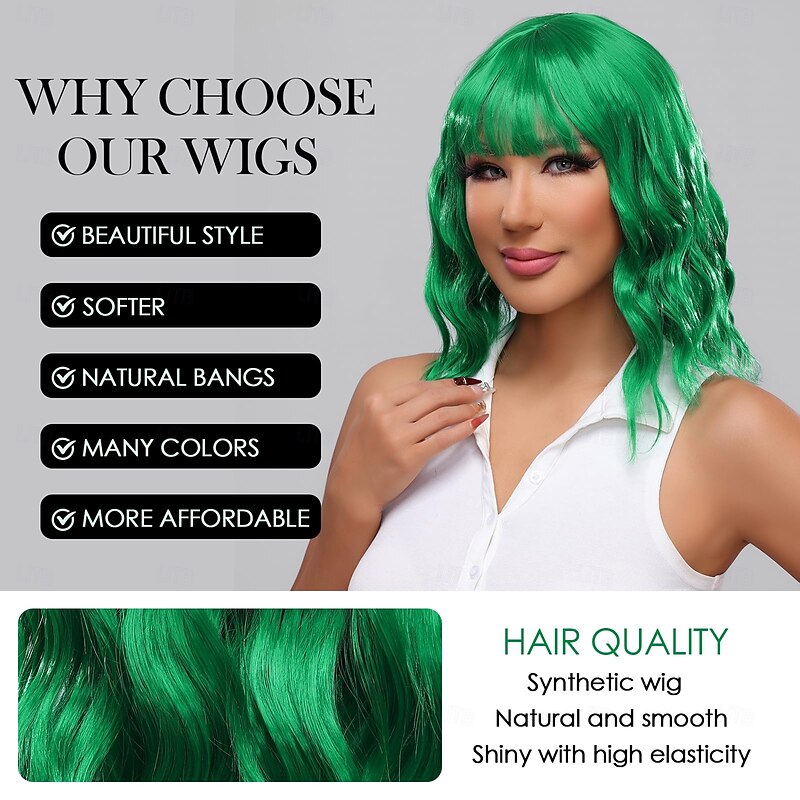 Short Wavy Wig with Bangs for Women Curly Bob Synthetic Wigs for Daily Use Costume Cosplay St.Patrick's Day Wigs2