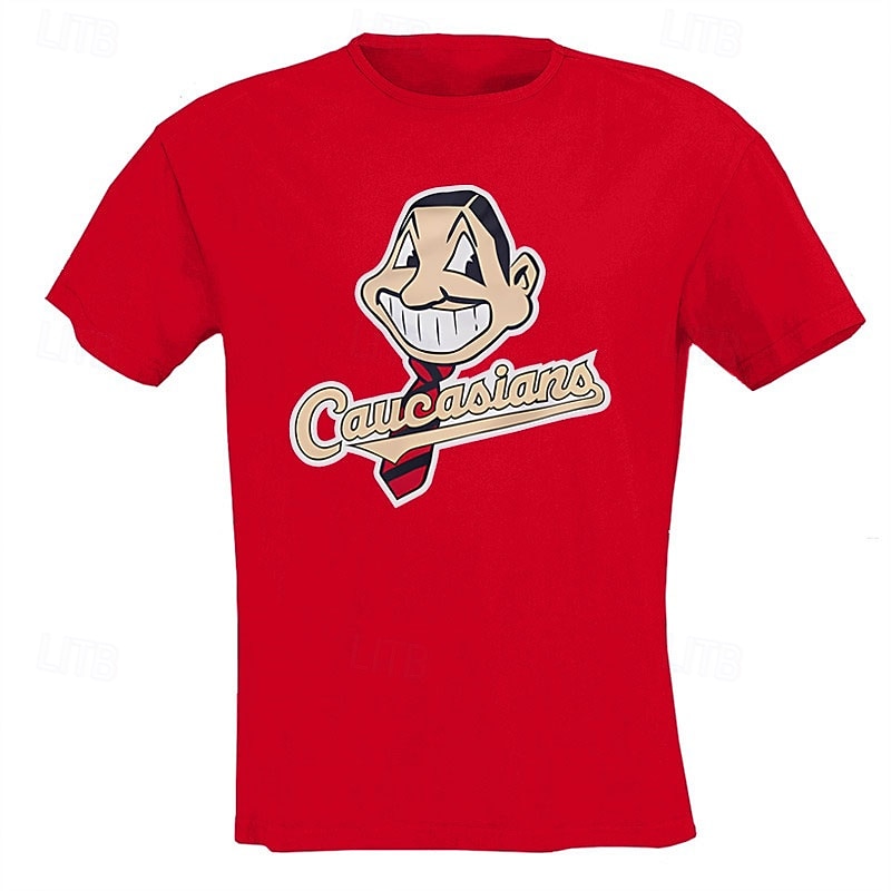 Men's Short Sleeve Graphic T-Shirt | "Caucasians" Satirical Baseball Mascot Parody Humor Tee3