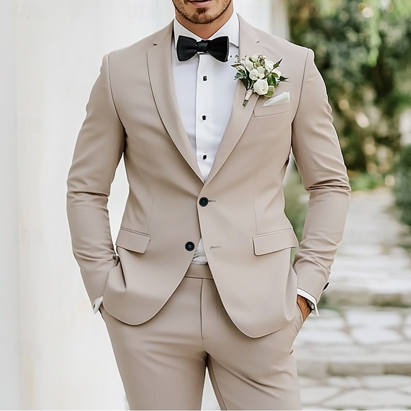 Men's Wedding Party Suits Notch Lapel Beige Fashion Business Solid Colored Standard Fit 2 Piece Single Breasted Two-buttons