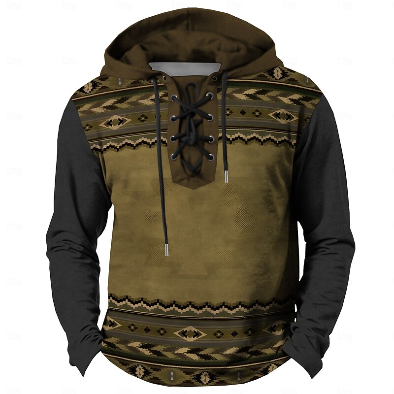 Men's Cowboy Hoodies Casual Vintage Retro Long Sleeve Hooded Vacation Going out Hunting Blue Brown Drawstring Fall Winter Designer3