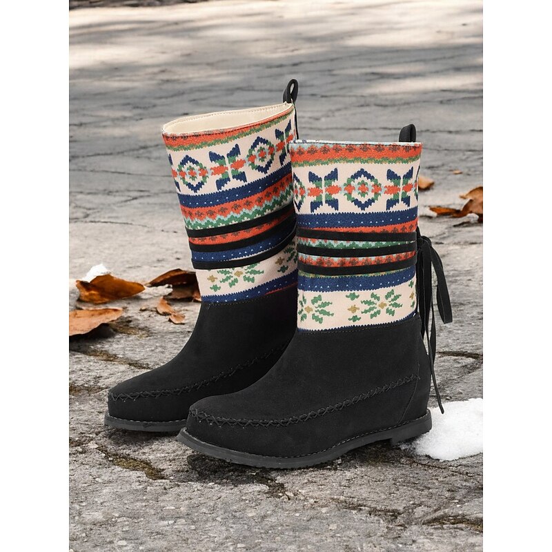 Women's Retro Knit Pattern Winter Boots – Suede Upper with Tribal Design and Warm Lining, Ideal for Cold Weather and Casual Outfits2