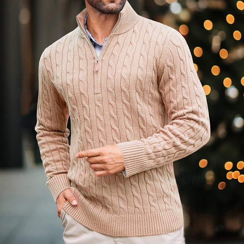Men's Sweater Pullover Sweater Jumper Cable Knit Regular Knitted Slim Fit Plain Quarter Zip Modern Contemporary Work Daily Wear Clothing Apparel Winter Spring &  Fall Black White M L XL3