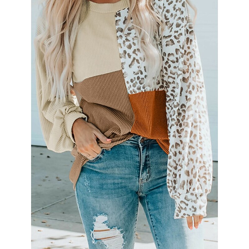 Women's Dressy Tops Long Sleeve Crew Neck Blue Khaki Beige Fall Winter3