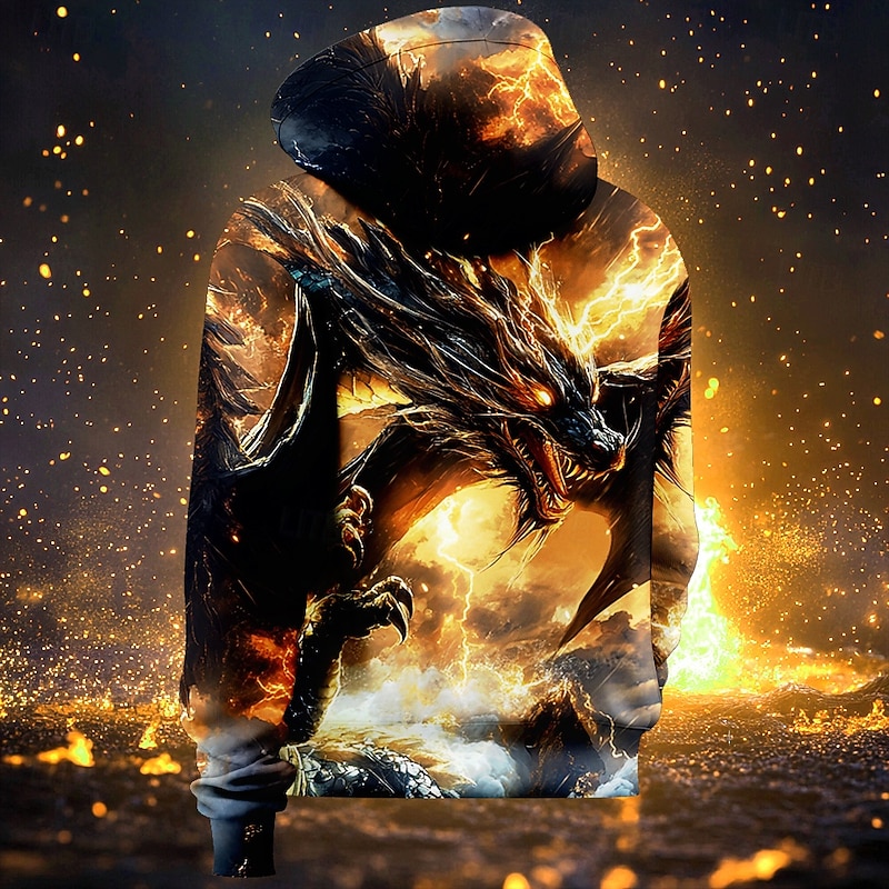 Men's Dragon Hoodies Sweatshirt Fashion Cool Long Sleeve Crew Neck Party Holiday Streetwear Yellow Drawstring Fall Winter Designer2