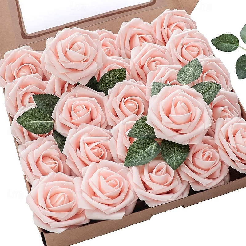 25pcs/set Artificial Flowers Wedding Decoration Rose Bouquets Valentine's Day Gift Real Looking Ivory Foam Fake Roses with Stems for DIY Wedding Bouquets White Bridal