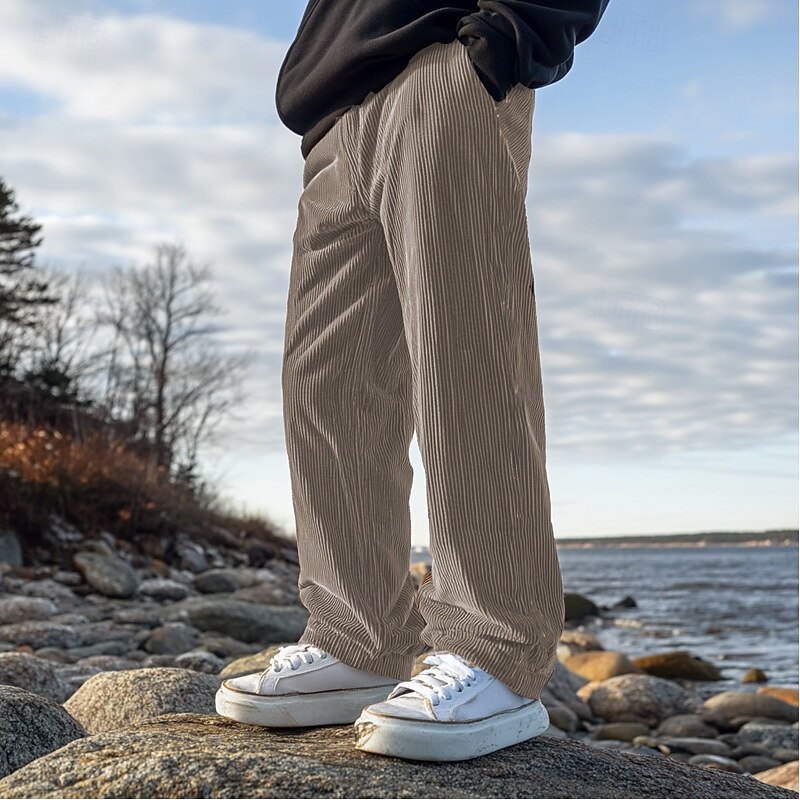 Men's Corduroy Pants Trousers Casual Pants Drawstring Elastic Waist Straight Leg Plain Comfort Warm Full Length Outdoor Casual Daily Sports Fashion Dark Brown Black3