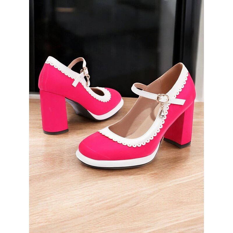 Women's Pink and White Mary Jane Heels with Decorative Buckle Strap and Block Heels – Retro-Inspired Shoes for Parties and Formal Occasions4