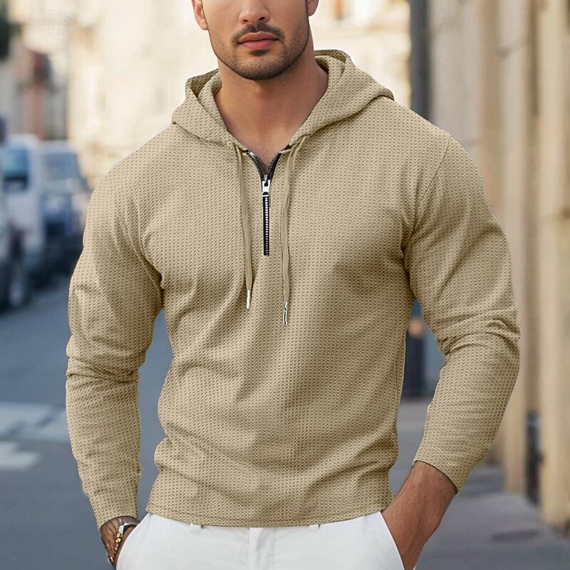 Men's Waffle Tee T Shirt Zip Up Hoodies Long Sleeve Hoodie Spring Fall Spring &  Fall Solid Color Knitwear Daily Color-Blocking Outdoor Causal Casual Black White Light Gray Top Tee for Men3