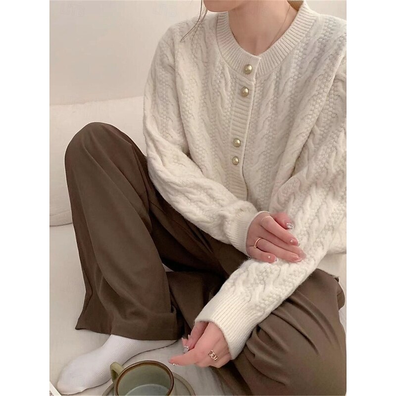 Women's Sweater Cardigan Casual Soft Pure Color Cable Crew Neck Buttons Knitted Long Sleeve Regular Tops Knit Outdoor Daily Weekend White Pink Fall Winter4