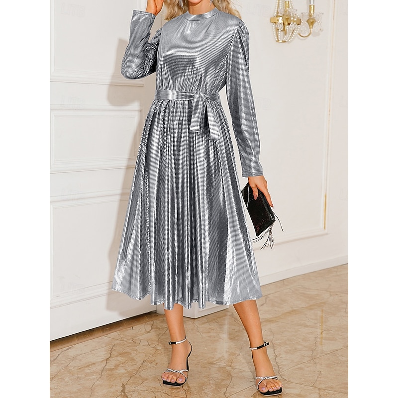 Women's Maxi Dress Sequin Dress Vintage Dress Formal Dress Elegant Dress Elegant Vintage Streetwear Wedding Party Evening Party Regular Fit Solid Color Stand Collar Silver Red Spring Fall2