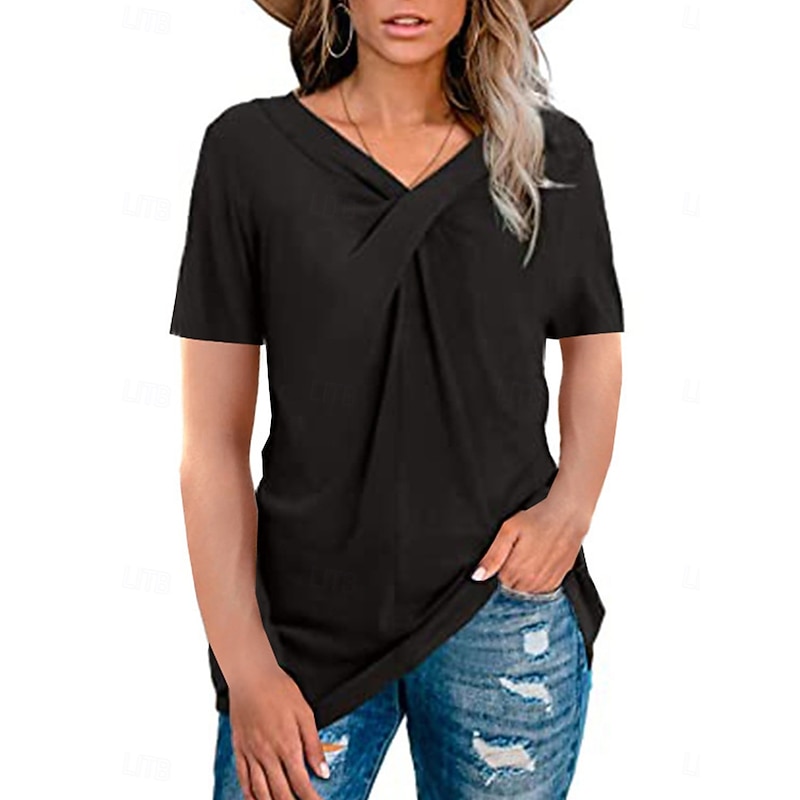 Women's T Shirt Solid Color Elegant Short Sleeve V Neck Regular Tops Daily Patchwork Black Red Beige Summer2