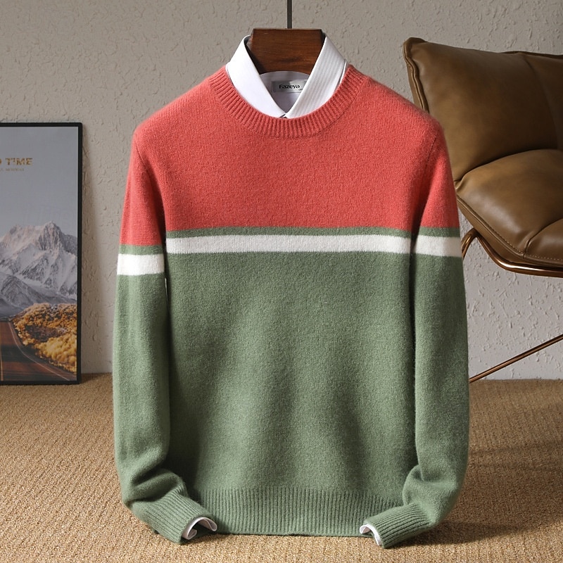 Men's 100% Merino Wool Pullover Sweater Jumper Knit Color Block Crew Neck Knitwear Elegant Christmas Outdoor Clothing Apparel Fall Winter Black Red S M L4