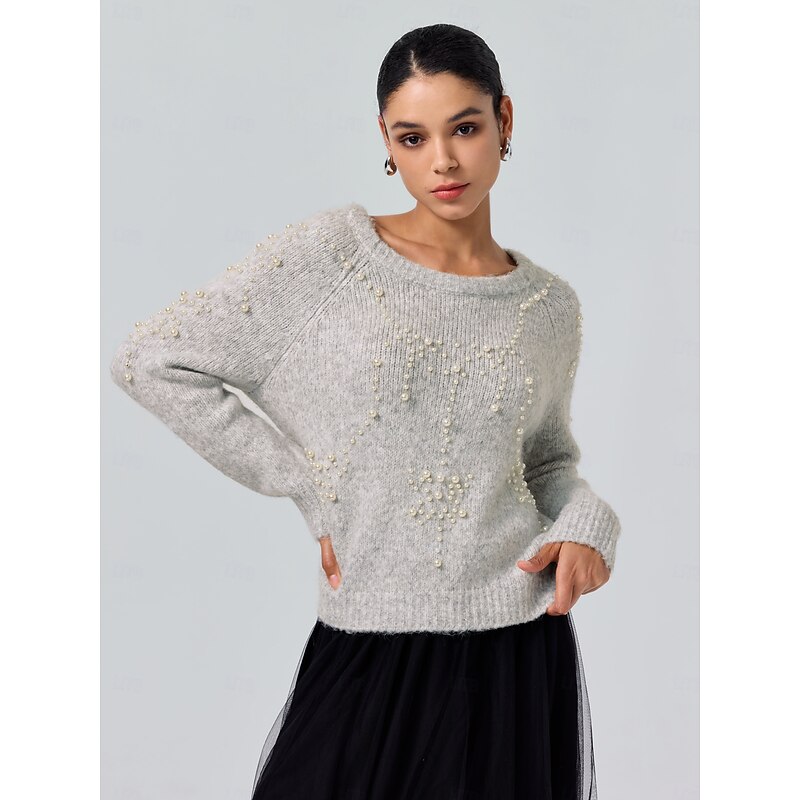 Women's Gray Pearl Beaded Crew Neck Long Sleeve Knit Pullover Sweater Jumper Casual Daily Fall Winter