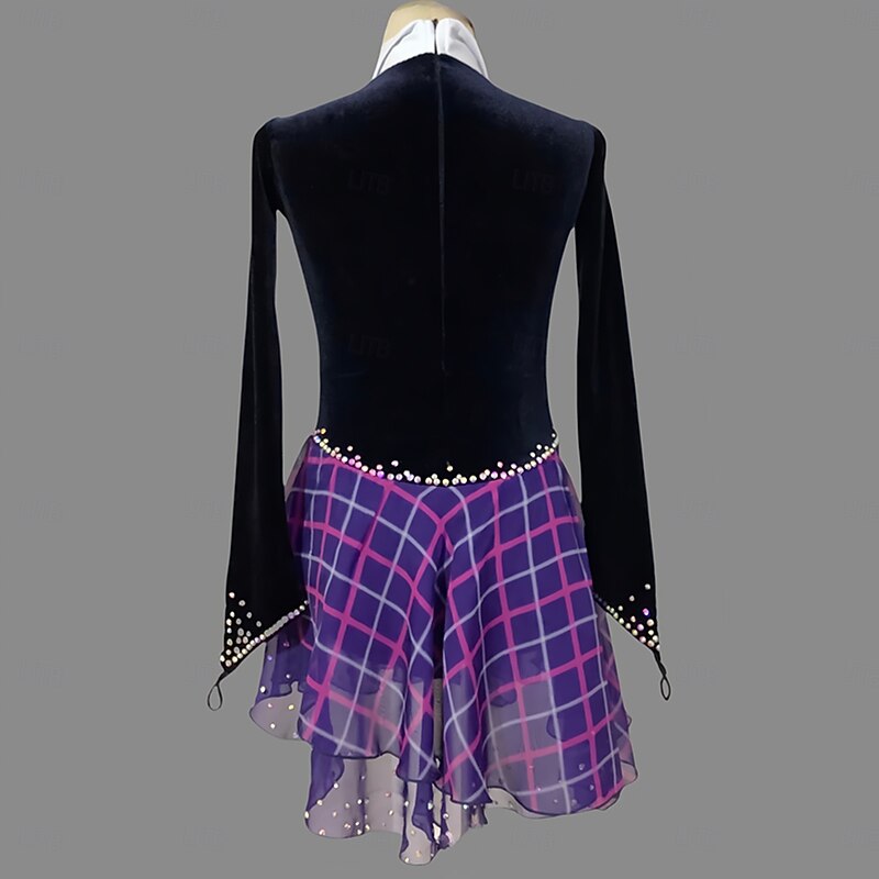 Figure Skating Dress Women's Girls' Ice Skating Dress Dark Blue Patchwork Thumbhole Mesh Spandex Stretchy Training Practice Professional Skating Wear Thermal Warm Classic Crystal / Rhinestone Long2