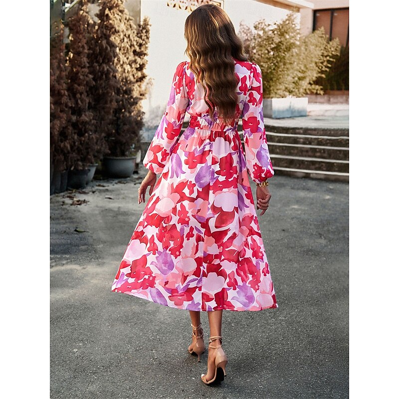 Women's Maxi Dress Casual Dress Swing Dress A Line Dress Casual Daily Regular Fit Floral Long Sleeve V Neck Red Blue Apricot Summer Spring Fall2