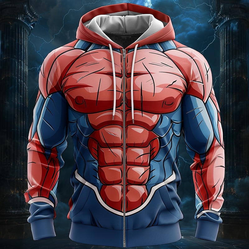 Men's Simulation Cartoon Character Hoodies Sweatshirt Fashion Cool Long Sleeve Hooded Vacation Going out Gym Red Drawstring Fall Winter Designer
