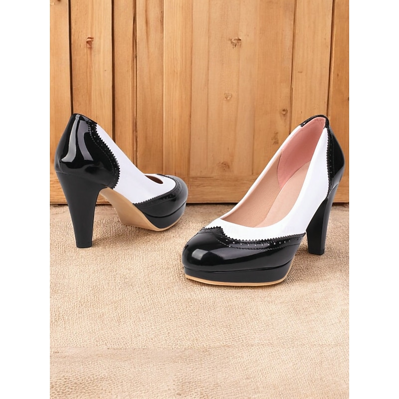 Women's Vintage-Style Black and White High Heel Pumps with Brogue Detailing, Elegant Dress Shoes for Formal Occasions4