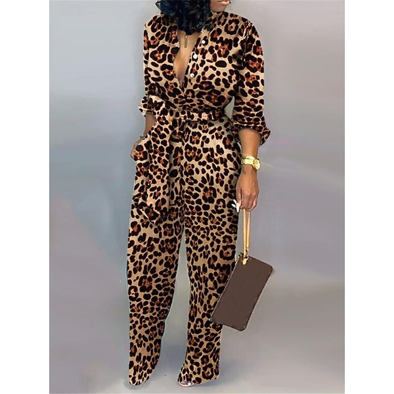 Women's Normal Jumpsuit Active Leopard Long Sleeve Shirt Collar High Waist Vacation Daily Regular Fit White Brown Gray Summer