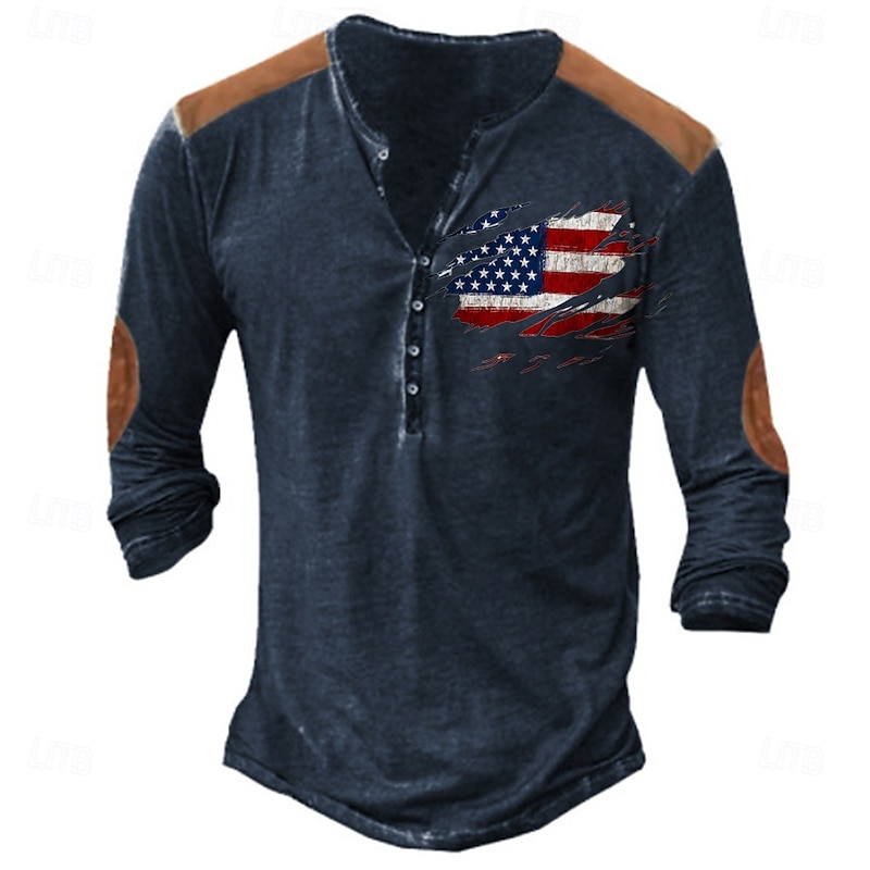 Men's Button T Shirt T Shirt Henley Shirt Tee Long Sleeve Henley Spring &  Fall National Flag Fashion Designer Printing Vacation Street Going out Dark Navy Light Grey Khaki Top Tee for Men3