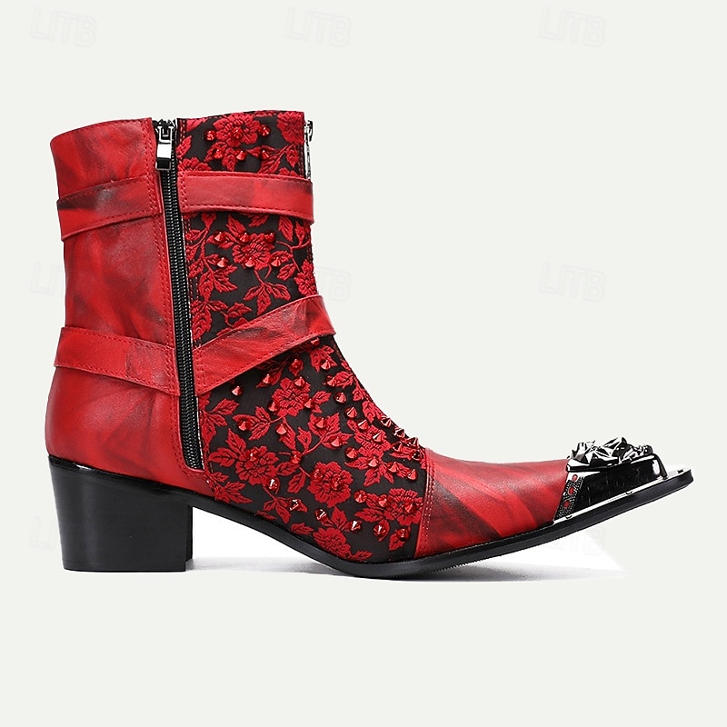 Men's Red & Black Gothic Leather Ankle Boots with Gold Tip Skull Buckles, Studded Accents, and Embroidered Floral Design–Premium Cowhide Punk Rock Footwear4