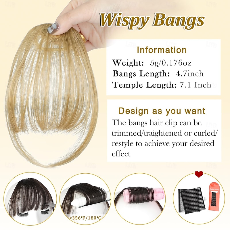 Bangs Hair Clip in Bangs, Easy to Use Fake Bangs Clip on Bangs, Wispy Blonde Bangs Clip in Hair Extensions, Faux Bangs Fringe with Temples Hairpieces for Daily Wear2