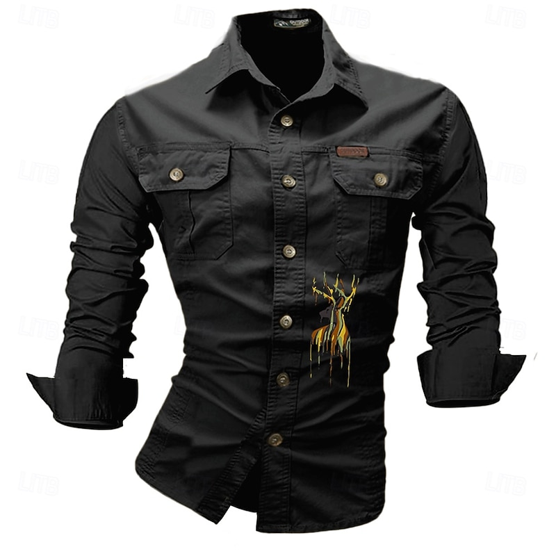 Men's Deer Work Shirt Western Shirt Cargo Shirt Long Sleeve Casual Sports & Outdoor Going out Winter Spring &  Fall Turndown Print Black White Army Green Red Blue4