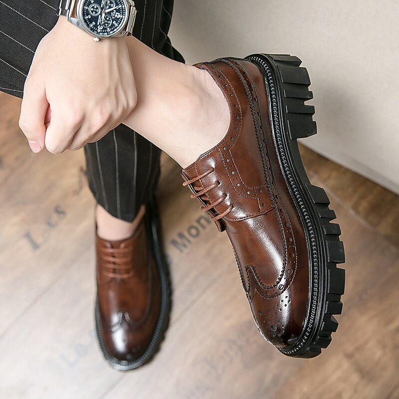 Men's Chunky Sole Brown Faux Leather Brogue Shoes – Stylish Vintage Oxford Design with Durable Tread for Casual and Formal Wear3